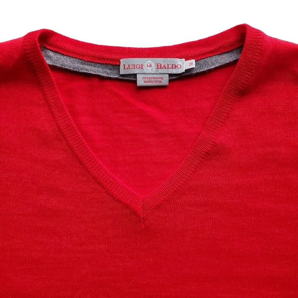 Luigi Baldo V Neck 100% Extra Fine Merino Wool Red Sweater Size M